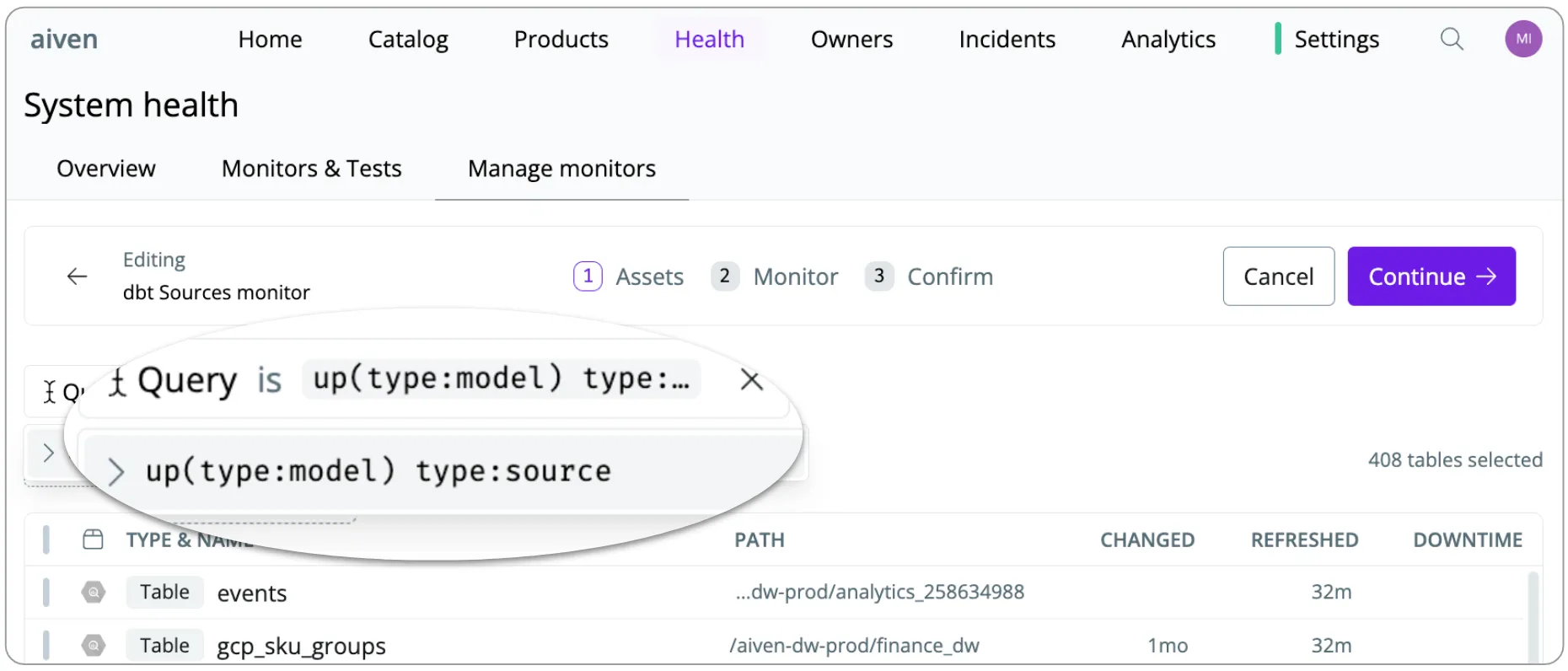 Aiven uses SYNQ’s query engine to programmatically place volume monitors on all sources upstream of dbt models