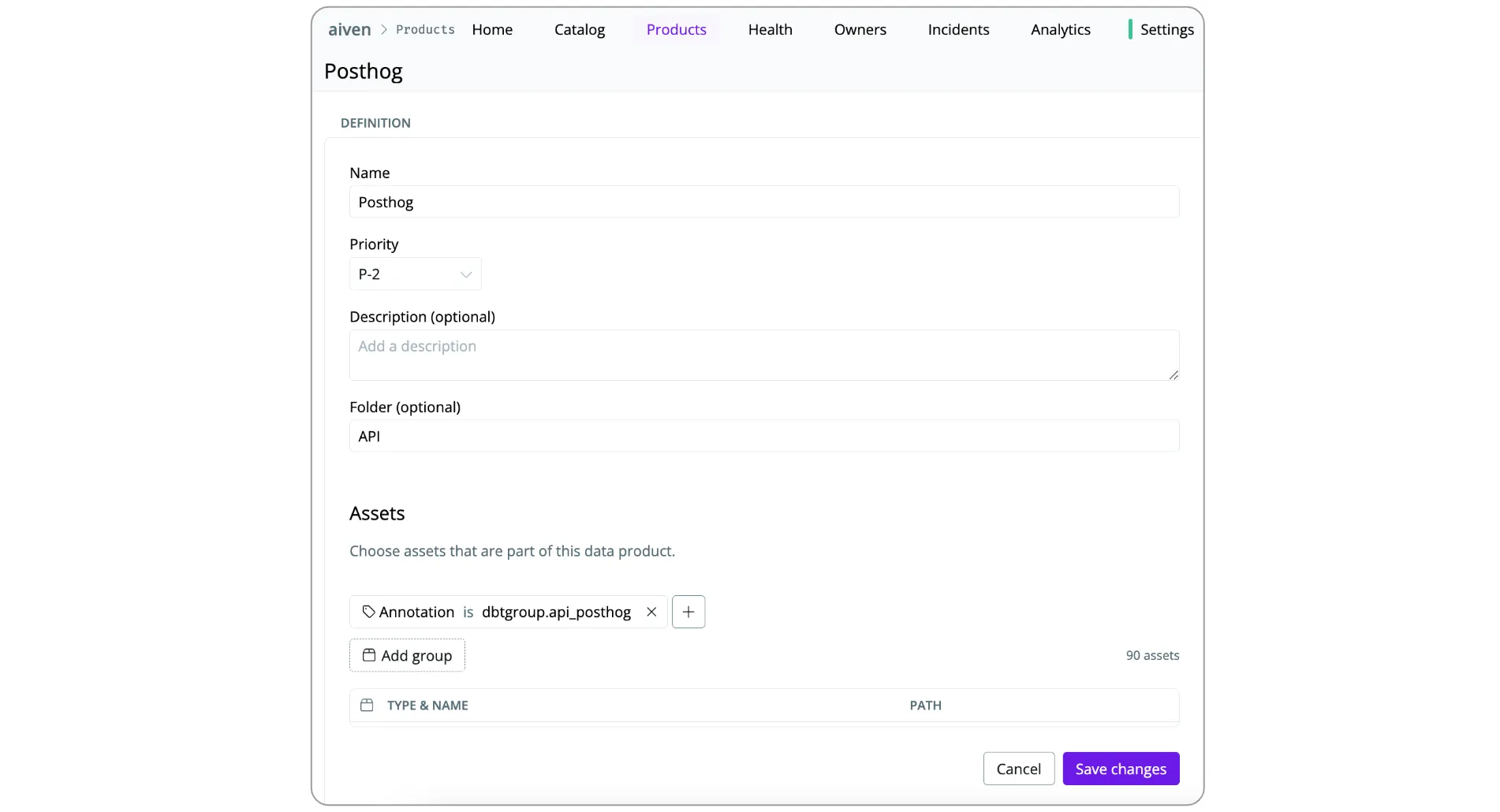 Aiven uses dbt groups combined with dbt tags and folder structures to define data products in SYNQ