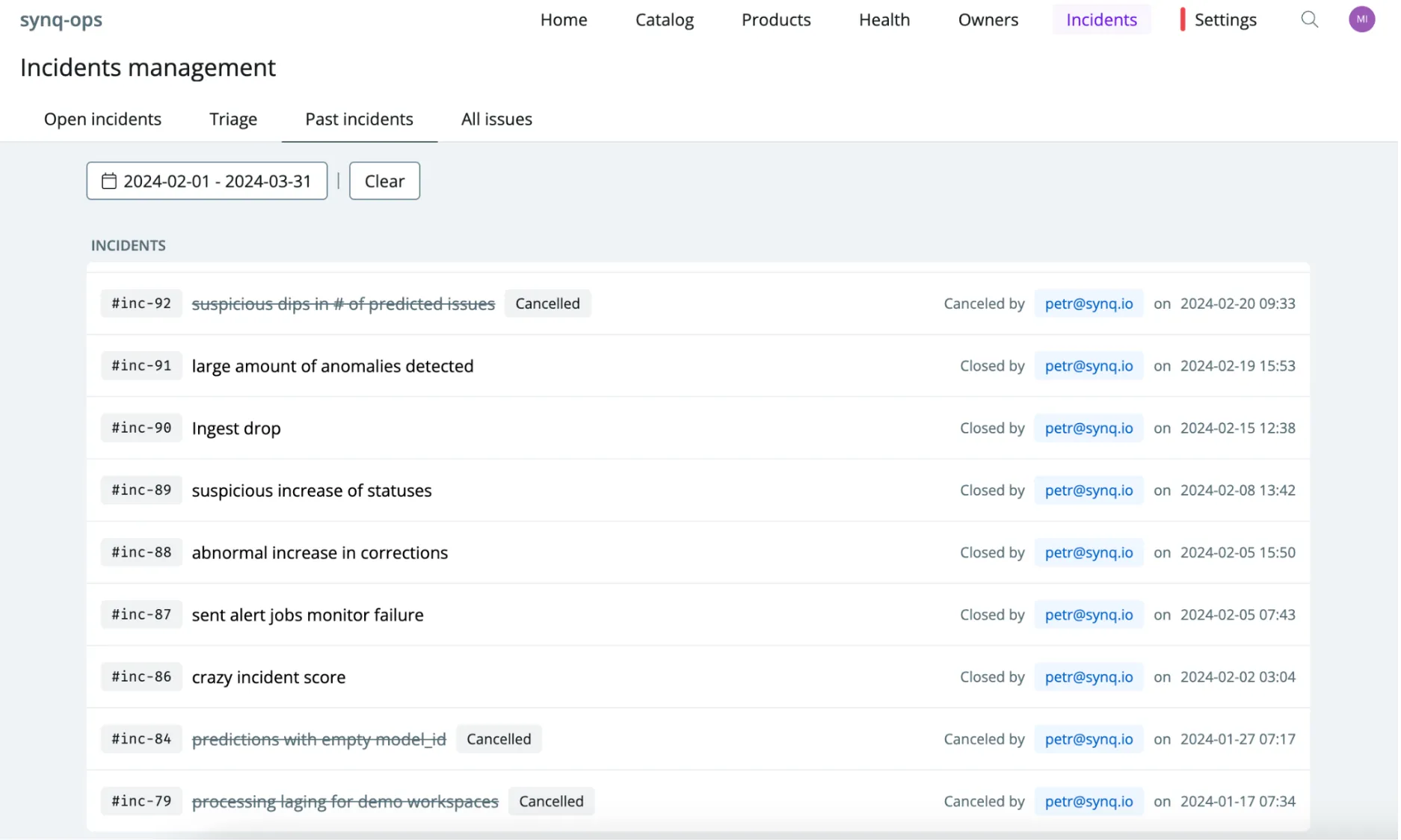 Synq shows a log of past incidents.